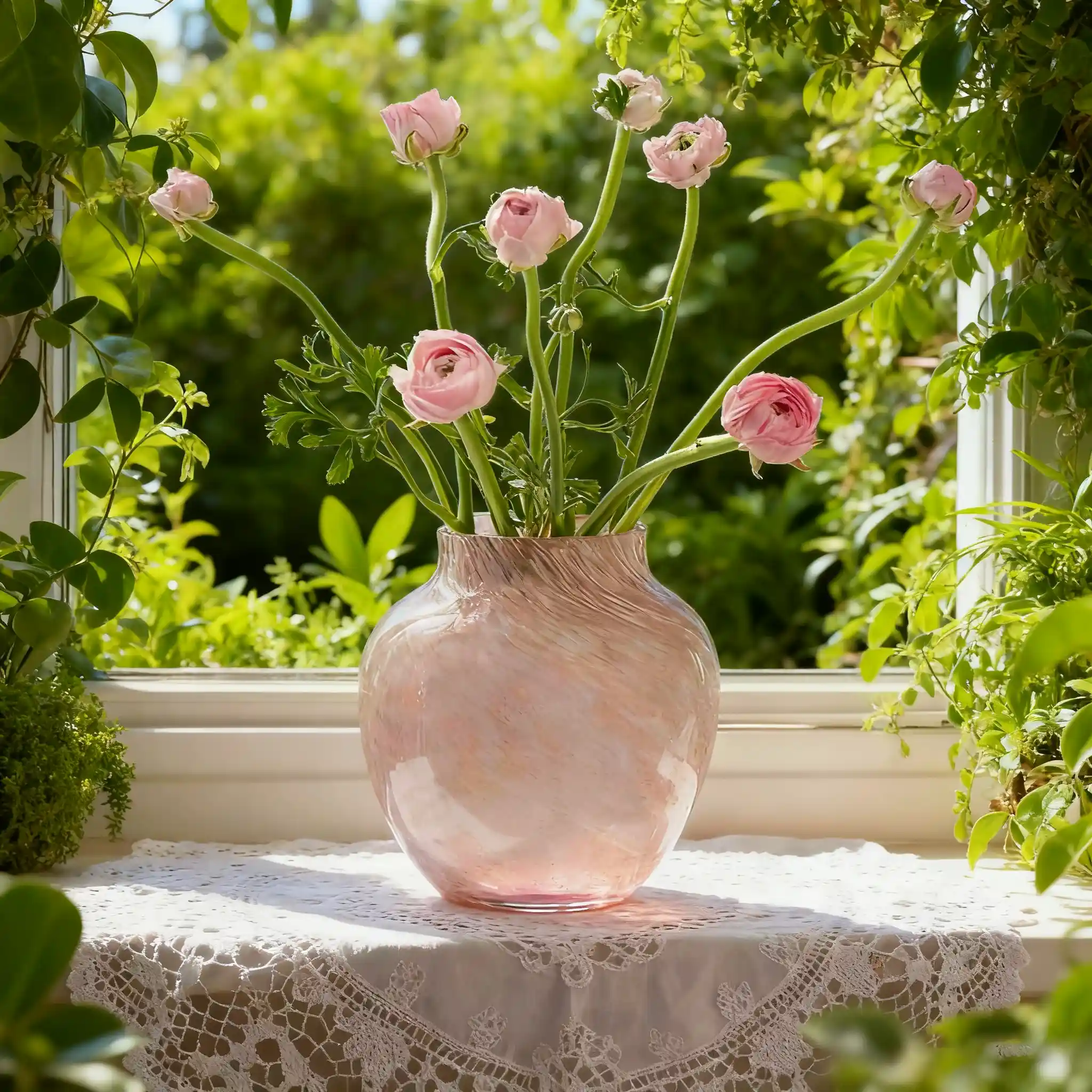 Pink marble-patterned glass vase with pink ranunculus flowers, placed on a lace-covered windowsill amidst greenery.