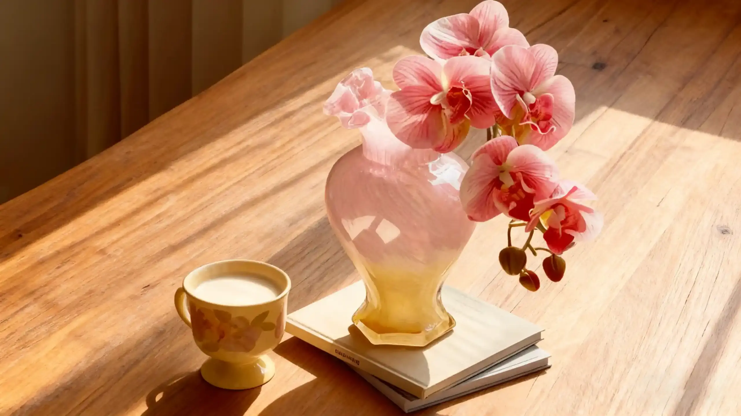 Pink and yellow gradient glass vase with pink orchids, placed on books next to a floral mug with milk, on a wooden table.